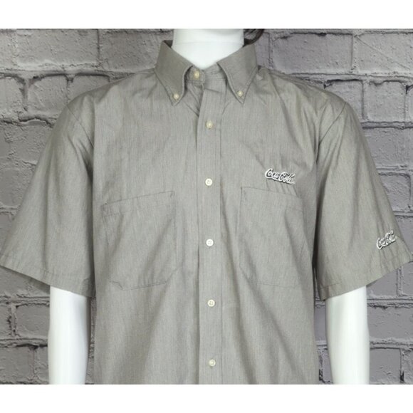 Coca Cola by Cintas Grey Logo Short Sleeve Uniform Button Down Shirt, Mens Large - Picture 1 of 9